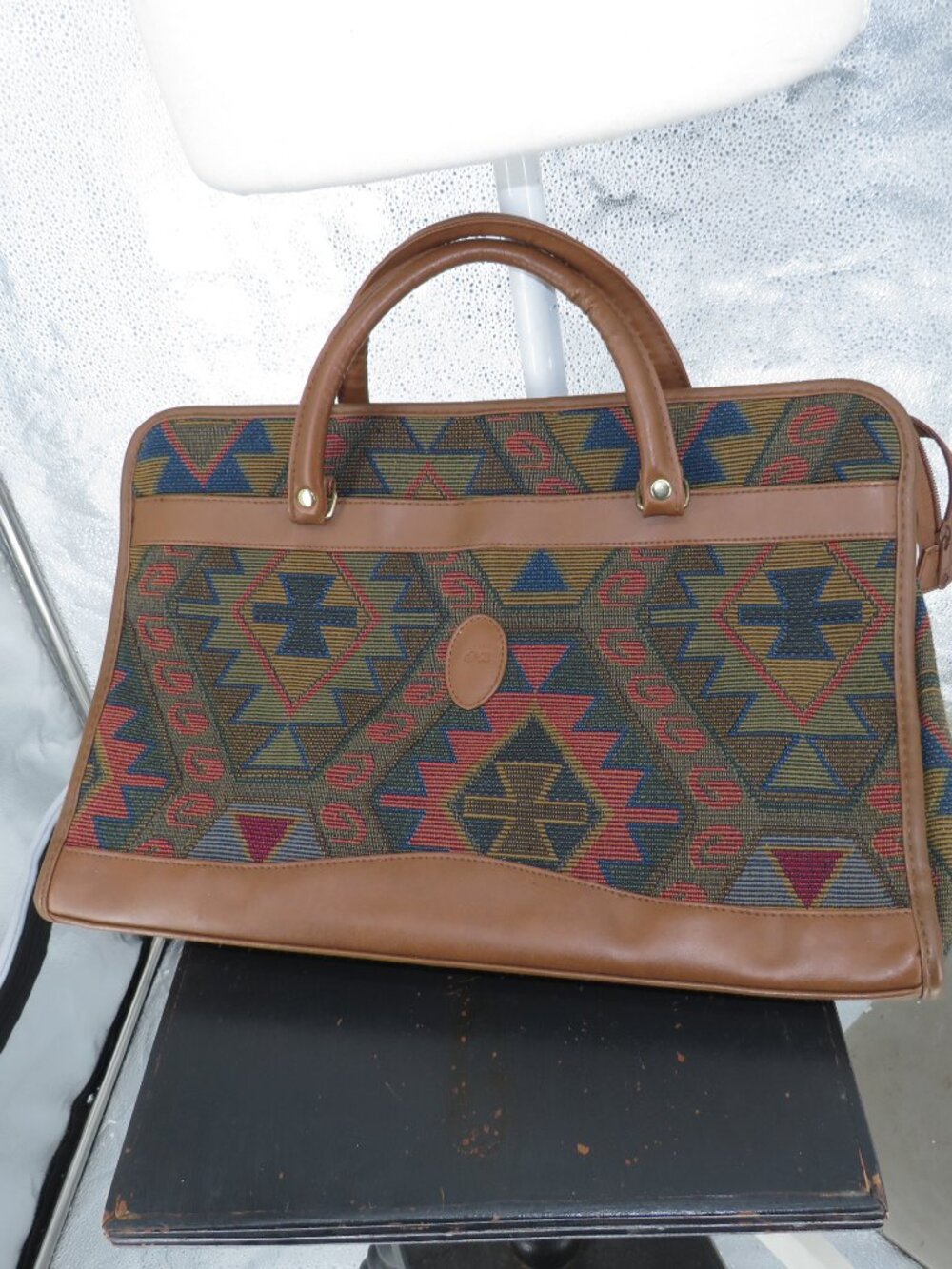 vintage marc chantal tapestry brief case brown geometric travel bag medium large